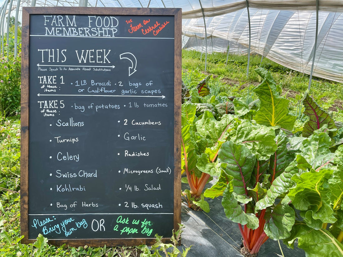 farm on central csa chalkboard with weekly veggies